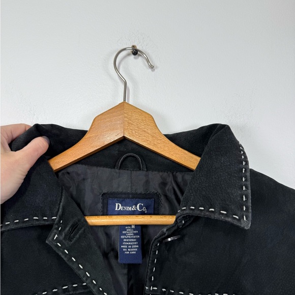 Vintage Black Suede Leather Jacket Contrast White Stitching Patch Boho 90s - Picture 3 of 6